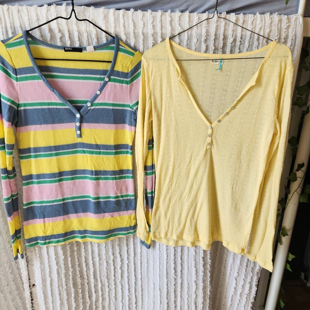BDG & Old Navy Sz M Y2K Yellow Thermal V-Neck Shirt Pullover Long Sleeve Button